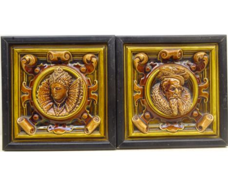 Pair Victorian Wedgwood portrait tiles, relief moulded with male and female figures in Elizabethan dress, ebonised frames, L1