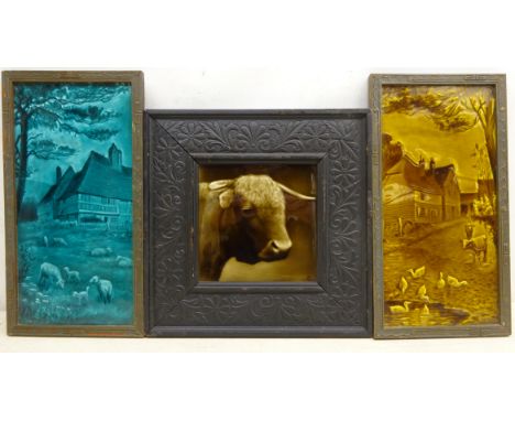 Sherwin & Cotton tile designed by George Cartlidge, modelled in low relief with cattle portrait, GC monogram to front in carv
