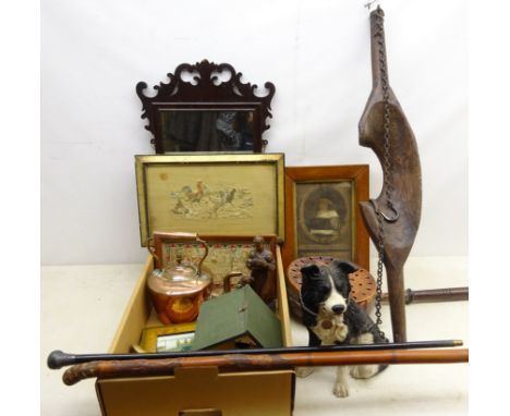 Victorian ebonised walking cane with silver grip, wooden Dairy Yoke, pierced copper warming pan, copper kettle, large model o
