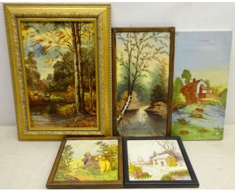20th century ceramic tile hand-painted with Stag in a Wooded landscape, 38cm x 28cm Victorian tile painted and printed with c