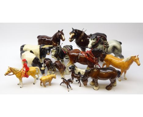 Beswick Palomino Horse, two Beswick bay foals, ceramic Shire Horses, mostly with harnesses, Coopercraft cattle and other cera