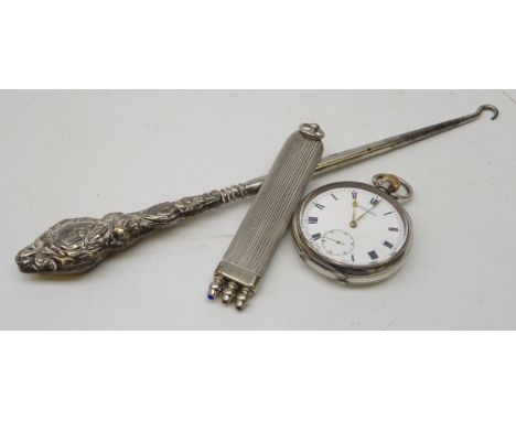 Silver-plated set of three propelling coloured pencils with glass cabochon terminals, silver handled button hook and early 20