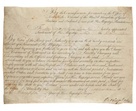 issued to William Pryce Cumby, appointing him lieutenant of the Bellerophon, dated for the 3rd November 1804, printed on vell