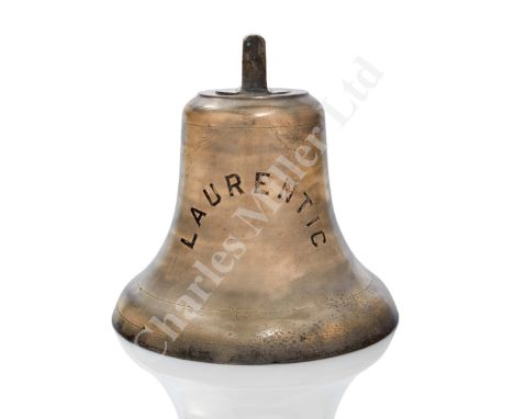 cast in bell metal with name inscribed over an arc with black-filled lettering, single hanging bracket to head (lacks clapper