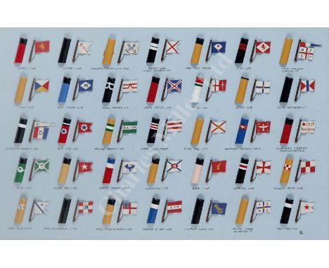 a set of enamelled house flags and funnels comprising 35 different lines including Cunard, P&O, Blue Star, Holland Amerika an