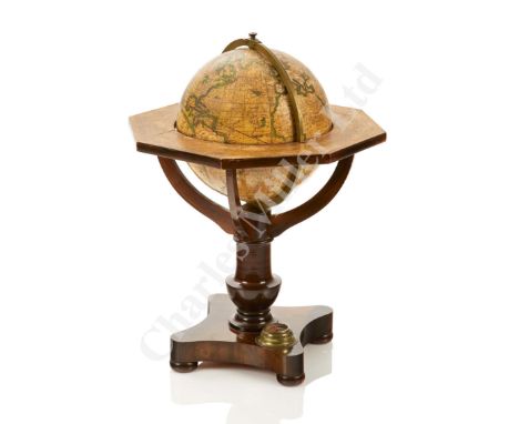 the coloured gores applied over a solid wooden former, with outlined continents and land masses, equators and ecliptic circle
