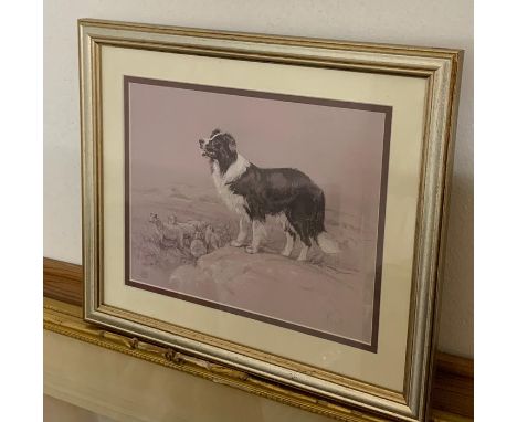 A print depicting a Border Collie and a flock of sheep, illegibly signed and numbered 389/850, framed and glazed, (18x23 cm).