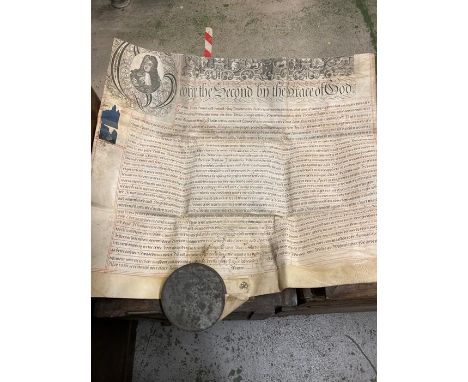 A 18th century manuscript, probably an "Exmplification of Common Recovery" on vellum with a large portrait of George II and s