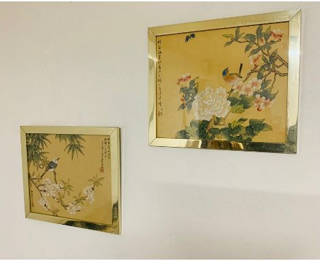A pair of Chinese hand painted Roller birds on textile (silk?), signed with Сhinese characters and seals, framed and glazed, 