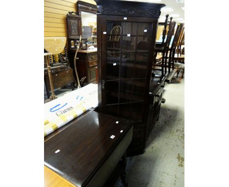 VINTAGE STANDING CORNER CUPBOARD with glazed top, small cupboard base, decorative frieze, together with an oak old charm styl