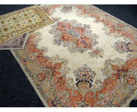 AN ARAKSTAN 100% PURE WOOL CARPET 270 x 360cms (see label) together with a ghez-toi 100% wool Indian rug and a Keshan prayer 