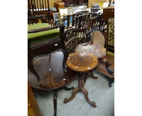 ANTIQUE OAK CIRCULAR TABLE, piano stool, lamp tables etc