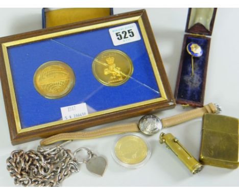 VARIOUS SMALL COLLECTABLES to include cased Nazi enamel pin, America lighter, propelling sewing instrument, The Beatles coin,