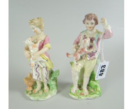 A PAIR OF DERBY PORCELAIN FIGURINES modelled with a pet dog and lamb, 13cms highNote: this lot is part of a collection of por
