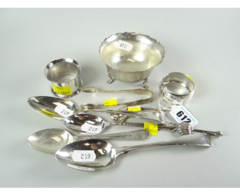 A PARCEL OF SILVER TABLEWEAR including sugar basin, two napkin rings and sundry flat-ware 8ozs total