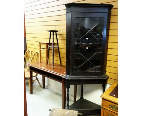 VINTAGE MAHOGANY CONSOLE TABLE, together with two wooden planter stands, together with a dark oak glaze topped and shelf base