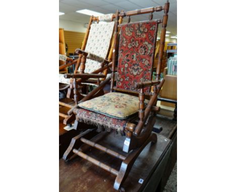 A VINTAGE AMERICAN ROCKING CHAIR with bobbin turned arms and back