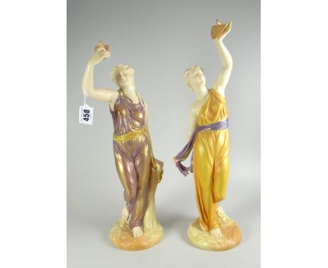 A PAIR OF ROYAL WORCESTER FIGURES 'LIBERTY' AND 'CAPTIVITY', each modelled standing wearing robes with an arm aloft, one with