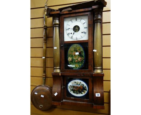 A VINTAGE AMERICAN WALL CLOCK (distressed) together with a copper bed warming pan