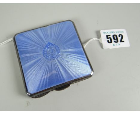 REGIMENTAL COMPACT a ladies vintage compact in silver and blue guilloche enamel with centred regimental crest for Royal Engin