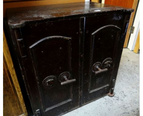 A VINTAGE TWO DOOR WROUGHT-IRON FLOOR SAFE (with key)