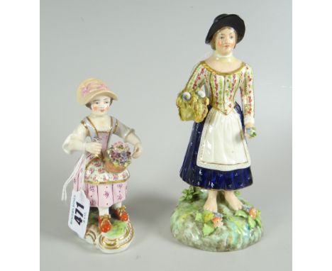 TWO DERBY PORCELAIN FIGURES being a standing lady with bouquet of flowers on a naturalistic base 18cms high, together with a 