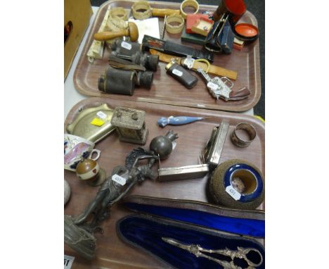 TWO TRAYS OF SMALL COLLECTABLES including white metal encased carriage clock, pair of vintage George Bussey &amp; Co. croquet