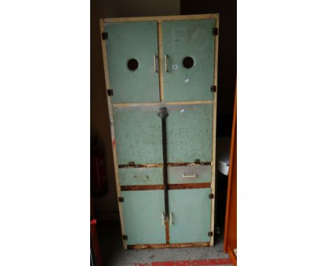 A VINTAGE 'SHEER PRIDE' BLUE AND CREAM PAINTED METAL KITCHEN CABINET with cupboard top and base, pull-down front