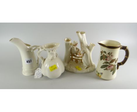 THREE VARIOUS ROYAL WORCESTER IVORY GROUND JUGS and a Worcester figural spillholder (damaged).