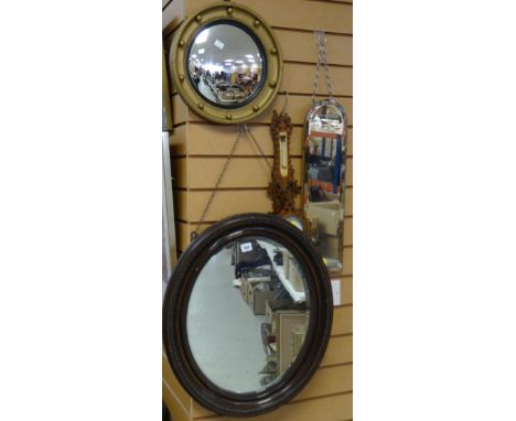 THREE VINTAGE MIRRORS with fretwood barometer thermometer