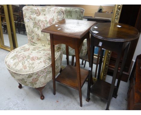 A SMALL UPHOLSTERED TUB-STYLE BEDROOM CHAIR, together with two vintage planter stands