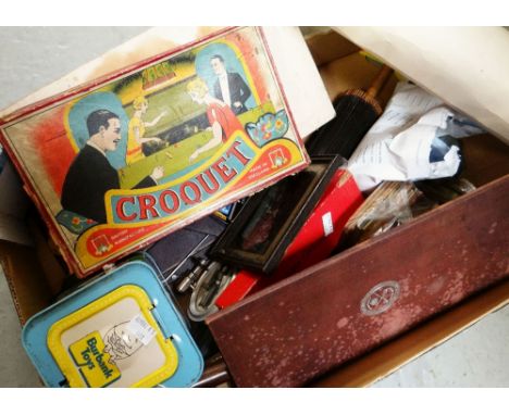 ASSORTED COLLECTABLES to include musical instruments, vintage Pro-K board game, music box, various vintage photographs, cards