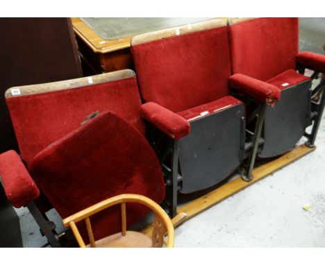 THREE VINTAGE CINEMA SEATS from a Rhondda cinema in need of renovation, together with a small child's rocking chair