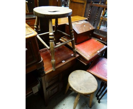 VINTAGE OAK CABINET WITH LIFT TOP, two stools