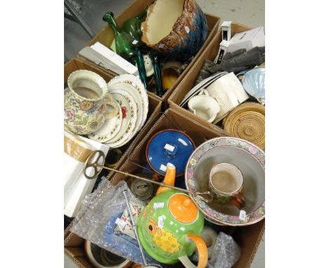 FOUR BOXES OF MIXED CHINA AND GLASS including wall pockets, large planter, cake stands etc.
