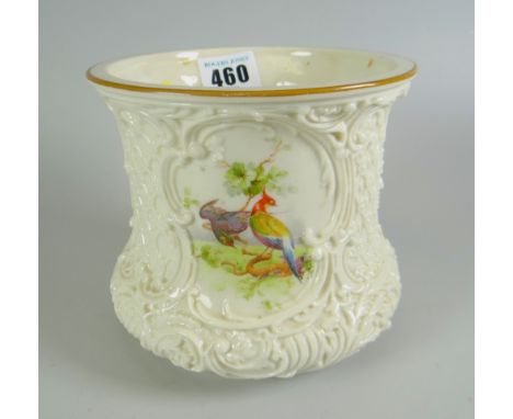 A ROYAL WORCESTER PORCELAIN IVORY GROUND PLANTER, decorated with relief moulding and three panels of exotic birds, Model No. 