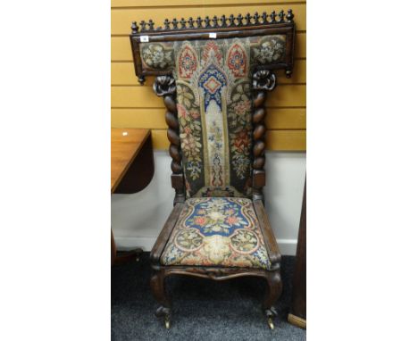 C19TH PRIE DIEU PRAYER CHAIR having floral tapestry seat and back flanked by spiral columns and galelry top, cabriole legs 12