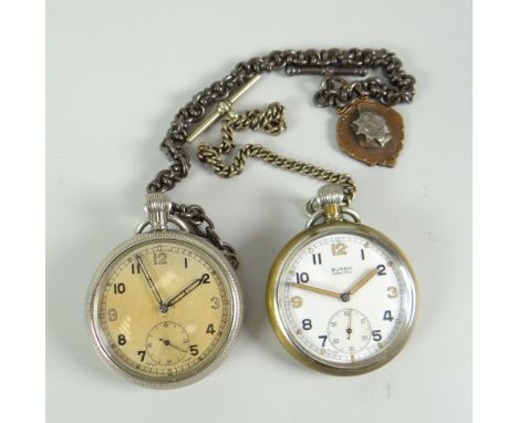 TWO MILITARY POCKET WATCHES and chains, both stamped GSTP with arrow marked to reverse, one marked Buren Grand Prix, Swiss ma
