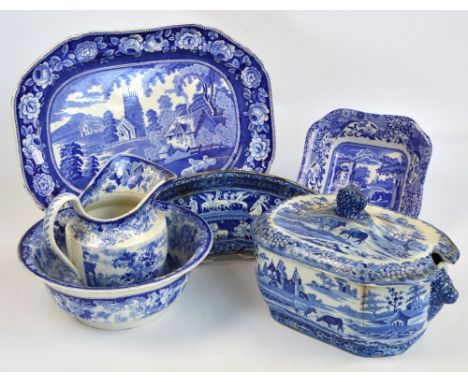 A collection of 19th century English blue and white transfer decorated ware including a rounded rectangular meat plate decora