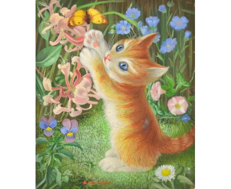HEDA ARMOUR (20th century); oil on board, kitten playing with butterfly amongst flowers, signed lower centre, 25 x 20cm, unfr