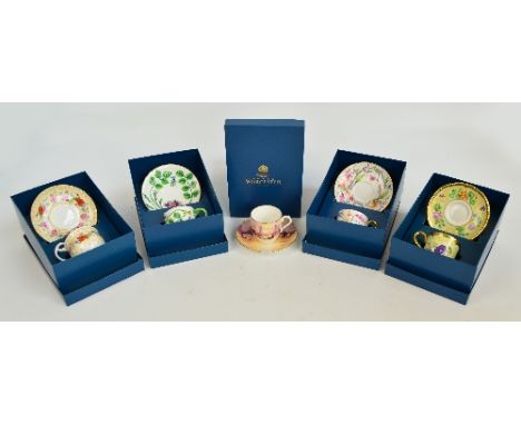 Five boxed Royal Worcester small cups and saucers in different patterns; "Persian Flowers", "English Flowers", "London Scenes