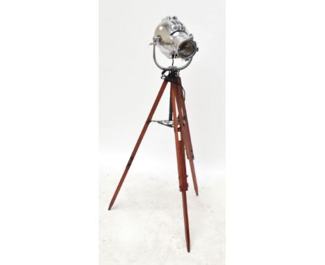 A Strand Patt polished electric theatre lamp on modern tripod base, height 130cm