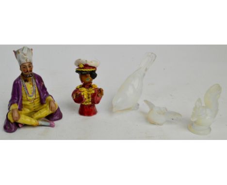 SABINO; three French glass figures depicting two birds and a squirrel, also a Continental ceramic figure of a seated gentlema