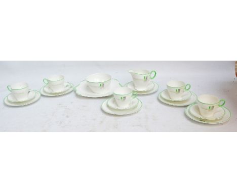 A 1930's Shelley part tea service in green Art Deco "Blocks and Lines" pattern, Oxford shape, with "CR0177/9X" to base, compr
