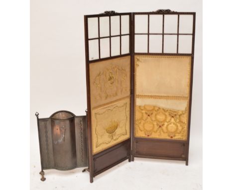 A late 19th century single fold carved screen with two way hinge, with glazed section and lower silk work panels (panels af),