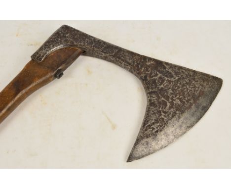 A late 17th/early 18th century iron executioner's axe with broad curved blade and later shaft, length of head 36cm. CONDITION