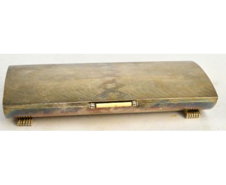 An Elizabeth II hallmarked silver Art Deco style cigarette box of oblong rectangular form with engine turned decoration and f