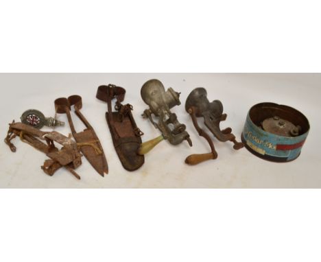 A small quantity of metal collectors' items comprising a small animal trap, two pairs of vintage sheep shears, a brass Radius