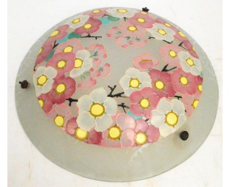 A French Art Deco frosted glass and enamel painted plafoniere decorated with floral sprays and bearing indistinct signature, 