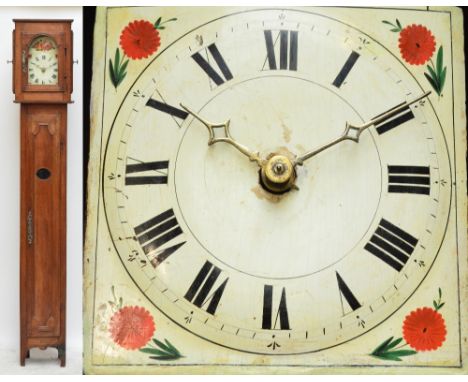 A 19th century French fruitwood provincial longcase clock with arch painted dial set with Roman numerals, long door and squar